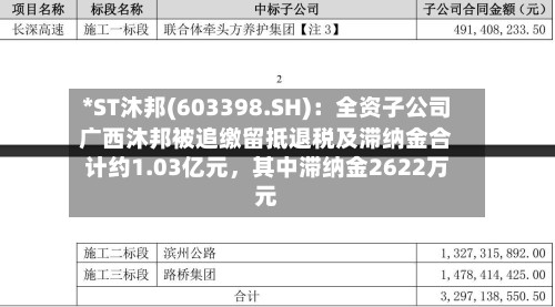 *ST沐邦(603398.SH)：全资子公司广西沐邦被追缴留抵退税及滞纳金合计约1.03亿元，其中滞纳金2622万元-第1张图片