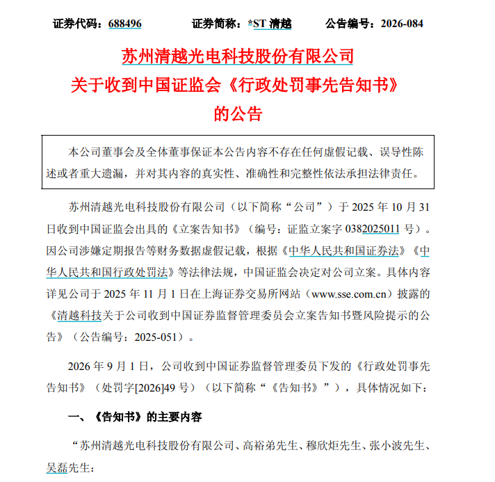 涉欺诈发行、信披违法，*ST清越被罚1.72亿元，股票濒临退市